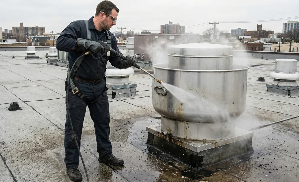 Cleveland Hood Cleaning technician cleaning exhaust system in Canton